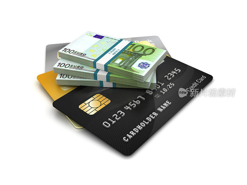 信用卡与欧元账单包- 3D渲染